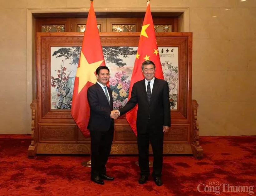 Le ministre vietnamien de l'Industrie et du Commerce Nguyen Hong Dien (gauche) a eu une entrevue le 30 septembre à Pékin avec le vice-Premier ministre chinois He Lifeng. Photo : VNA
