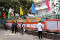 Des étudiants de l'Université de Da Nang lisent des informations des candidats. Photo: VNA