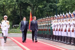 Le président Luong Cuong et son homologue français Emmanuel Macron, lors de la cérémonie d'accueil. Photo: VNA