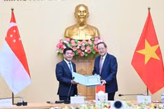 Le ministre de l’Industrie et du Commerce, Nguyên Hông Diên (gauche), et Tan See Leng, ministre chargé de l’Énergie ainsi que des Sciences et Technologies au sein du ministère du Commerce et de l’Industrie (MTI) de Singapour. Photo: nhandan.vn