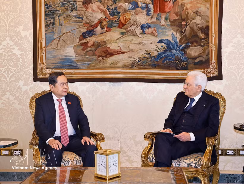 Le président de l’Assemblée nationale du Vietnam, Tran Thanh Man (gauche), a eu l’après-midi du 14 avril (heure locale) une entrevue avec le président italien, Sergio Mattarella. Photo : VNA