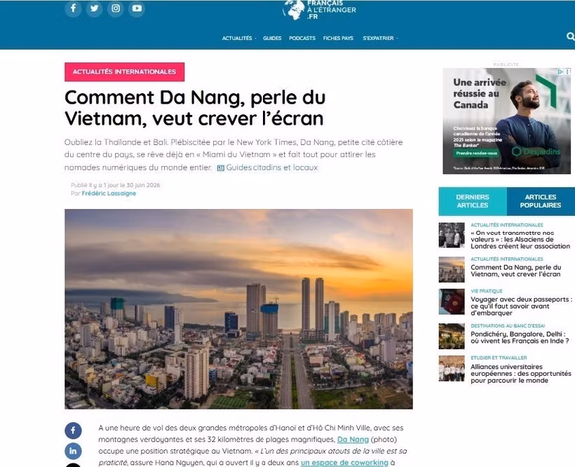 La capture d'écran de l'article du magazine en ligne français Journal des Français à l'étranger. Photo : VNA