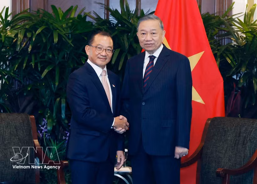 Le secrétaire général du Parti communiste du Vietnam et président de la République, Tô Lâm, et le président du Parlement singapourien, Seah Kian Peng. Photo : VNA