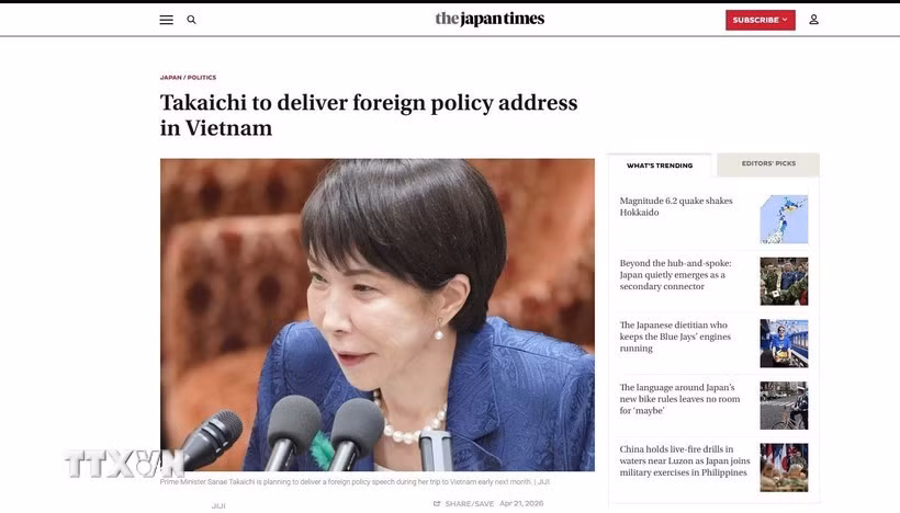 Article du The Japan Times : « Takaichi to deliver foreign policy address in Vietnam ». (Capture d’écran – VNA)