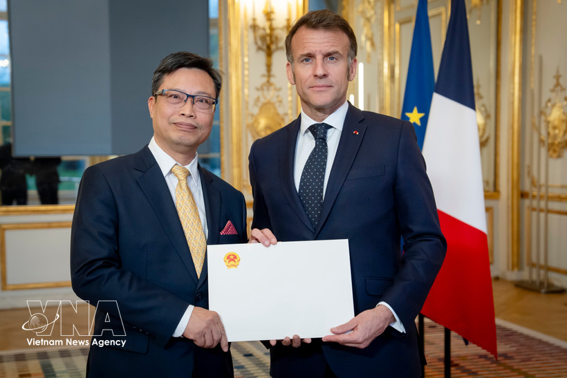L’ambassadeur du Vietnam en France, Trinh Duc Hai, présente ses lettres de créance au président Emmanuel Macron. Photo: VNA