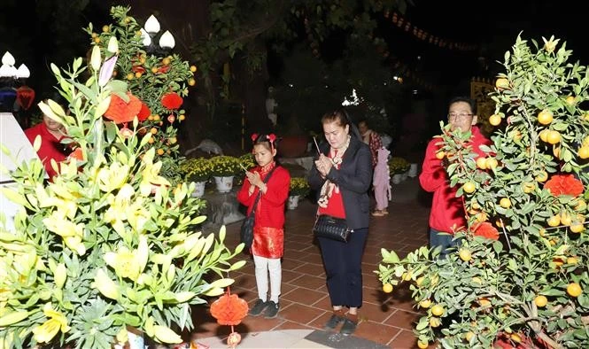 Des Vietnamiens au Laos à la pagode Phat Tich. Photo: VNA