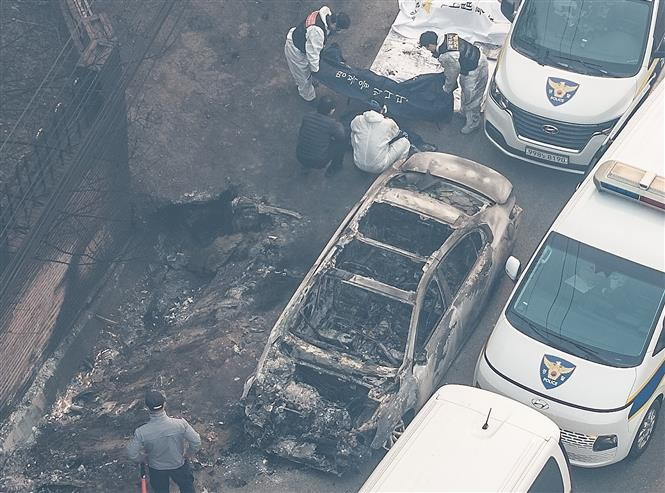 Une voiture calcinée dans un incendie de forêt à Yeongdeok, province du Gyeongsang du Nord, en République de Corée. Photo : Yonhap/VNA