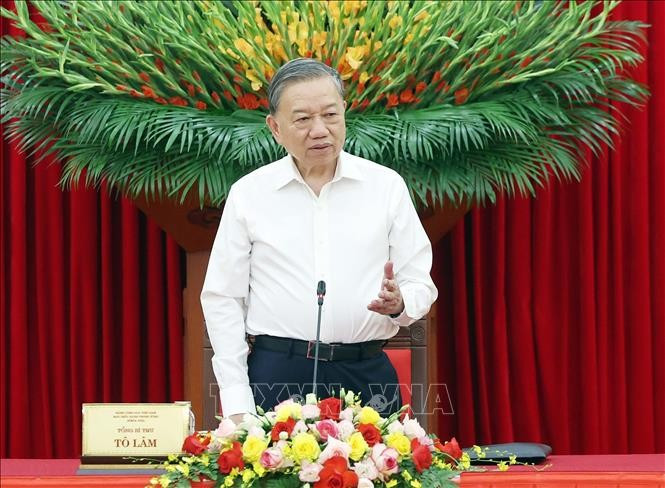 Le secrétaire général du Parti, To Lam, s'exprime lors de l'événement. Photo: VNA