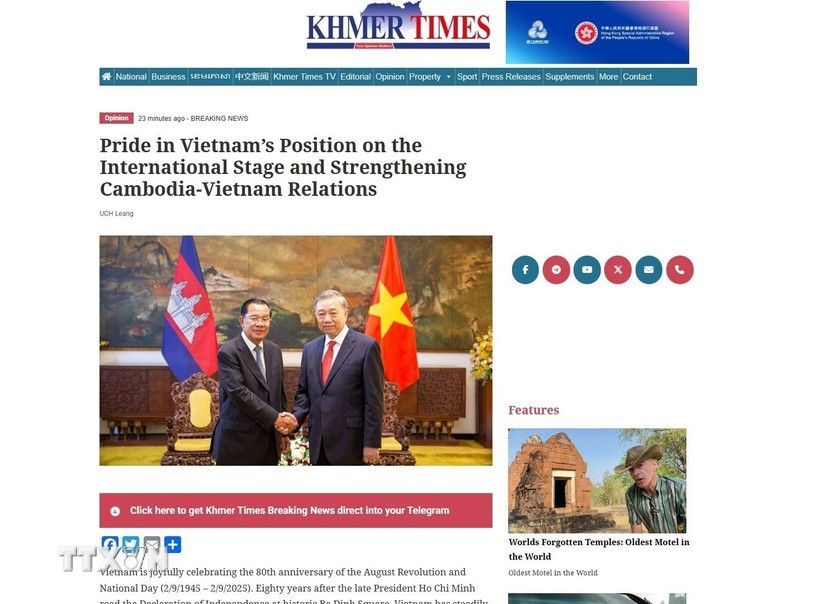 L'article publié dans le Khmer Times, le 28 août 2025. Photo: VNA