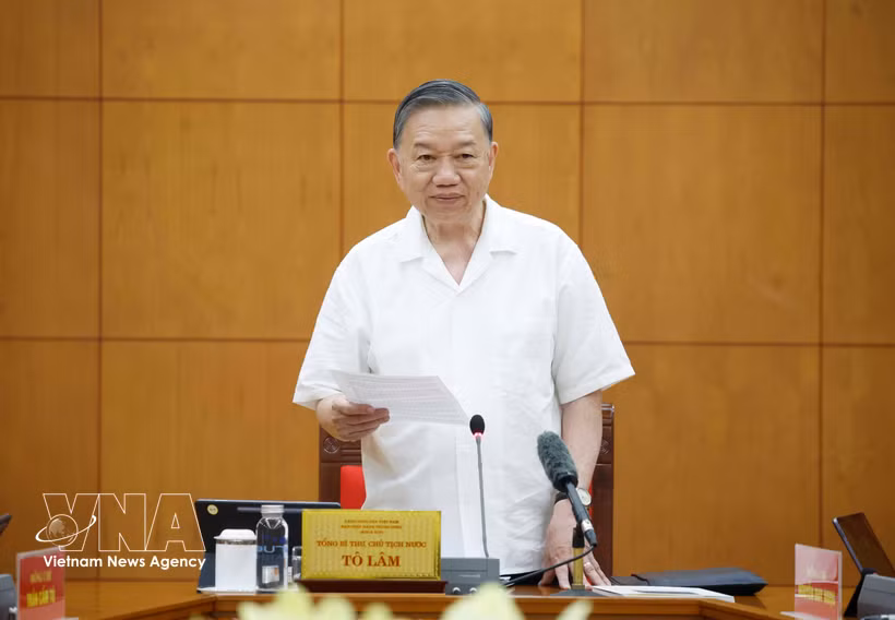 Le secrétaire général du Parti et président de la République, To Lam, s'exprime lors de la réunion. Photo: VNA