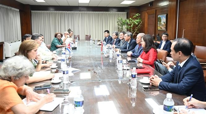 Séance de travail entre la délégation vietnamienne et le ministre cubain du Commerce extérieur et de l’Investissement étranger, Oscar Pérez-Oliva Fraga. Photo: VNA