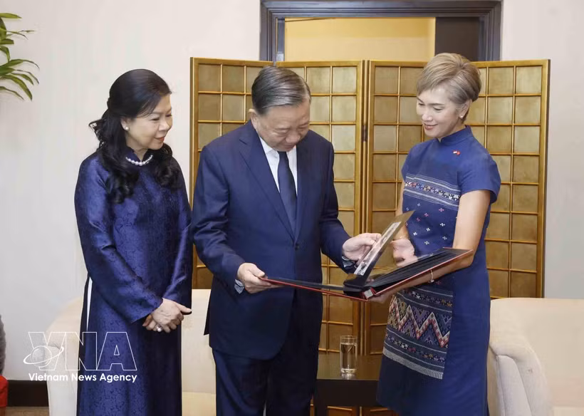 À l’aéroport international de Changi, la ministre singapourienne du Développement numérique et de l’Information, Josephine Teo, remet au secrétaire général du PCV et président vietnamien, To Lam, ainsi qu’à son épouse, un album photo retraçant les temps forts de leur séjour à Singapour. Photo : VNA 