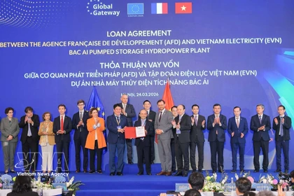 Le vice-Premier ministre Hô Duc Phoc et le commissaire européen aux Partenariats internationaux, Jozef Síkela, assistent à la cérémonie de signature de l'accord de prêt entre l'Agence française de développement (AFD) et le groupe EVN pour le projet de centrale hydroélectrique à accumulation par pompage de Bac Ai. Photo : VNA