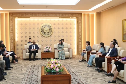 La vice-présidente du Comité populaire de la ville de Dà Nang, Nguyên Thi Anh Thi (à droite) recevant le chef de la division des bureaux nationaux, WWF International, Martin Kabaluapa Kapinga. Photo : danang.gov.vn