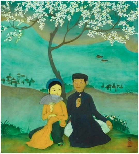 Une peinture sur soie « Couple avec éventail sous un cerisier en fleur » du célèbre artiste vietnamien Mai Trung Thu (1906-1980)