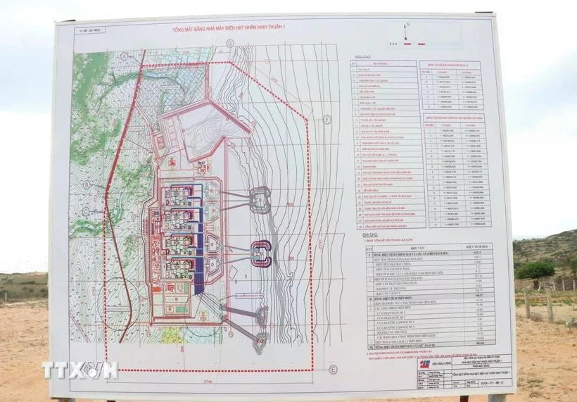 Le schéma d'implantation de la centrale nucléaire de Ninh Thuan 1 est placé sur le site du projet (commune de Phuoc Dinh, district de Thuan Nam) pour que le public puisse accéder aux informations. Photo: VNA