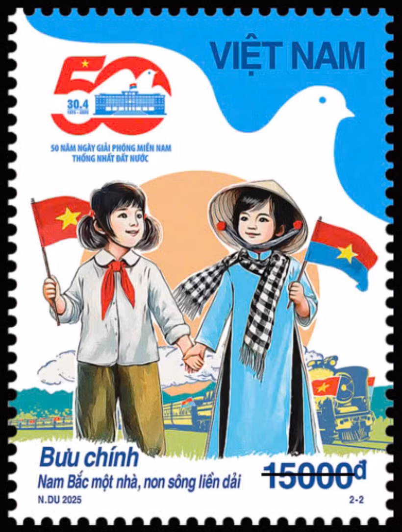 Un timbre commémoratif du 50e anniversaire de la libération du Sud et de la réunification nationale. Photo: CVN