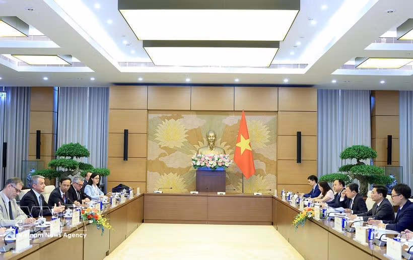 Le vice-président de l’Assemblée nationale du Vietnam, le général de corps d’armée Nguyên Doan Anh, reçoit président de la Commission de la défense nationale et des forces armées de l’Assemblée nationale française, Jean-Michel Jacques, à Hanoi, le 2 juin. Photo : VNA