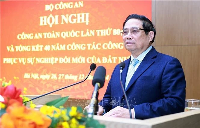 Le Premier ministre Pham Minh Chinh s'adresse à la 80e conférence nationale de la sécurité publique. Photo: VNA