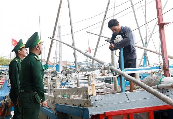 Des gardes-frontières de la province de Phu Yên vulgarisent des informations sur la lutte contre la pêche INN auprès d’un pêcheur du port de pêche de Dông Tac, dans la ville de Tuy Hoa. Photo : VNA