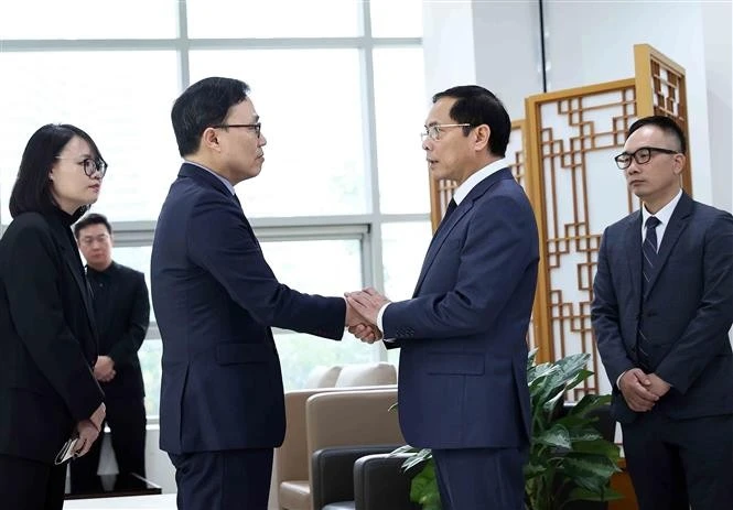 Le vice-Premier ministre et ministre des Affaires étrangères Bui Thanh Son (3e à partir de la gauche) présente ses condoléances à l'ambassadeur de la République de Corée au Vietnam Choi Youngsam. Photo: VNA