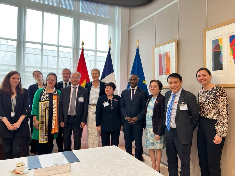 Le ministre délégué auprès du ministre de l’Europe et des Affaires étrangères, chargé de la Francophonie et des Partenariats internationaux, Thani Mohamed-Soilihi (4e à partir de la droite) et la vice-présidente de l’Assemblée nationale du Vietnam, Nguyên Thi Thanh (5e à partir de la droite). Photo: VNA
