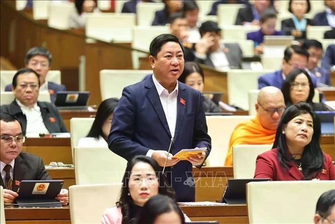 Trân Quôc Nam, président du Comité populaire de la province de Ninh Thuân et chef de la délégation parlementaire provinciale, s’exprime devant l’Assemblée nationale, le 17 février. Photo : VNA