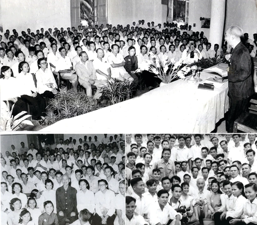 Le Président Hô Chi Minh avec les reporters au IIIe Congrès de l’Association des journalistes du Vietnam en 1962. Photo : MPV