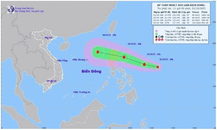 Une dépression tropicale se développe au-dessus des eaux à l'est de Luzon et devrait s'intensifier d'ici deux jours. Photo : NCHMF