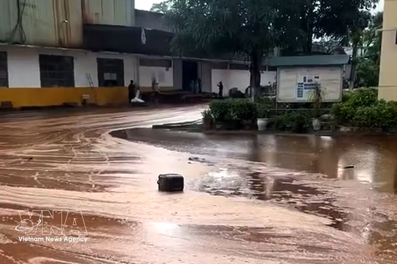 Un gros orage accompagné de foudre a frappé une cuve de stockage de mélasse dans une sucrerie, provoquant le déversement d'environ 2 000 tonnes de mélasse. Photo : VNA