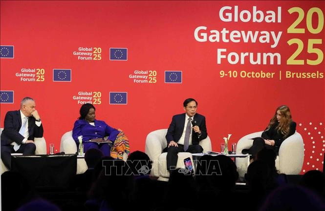 Le vice-Premier ministre vietnamien Bui Thanh Son (au micro) s’exprime lors d’une session de haut niveau dans le cadre du Global Gateway Forum. Photo : VNA