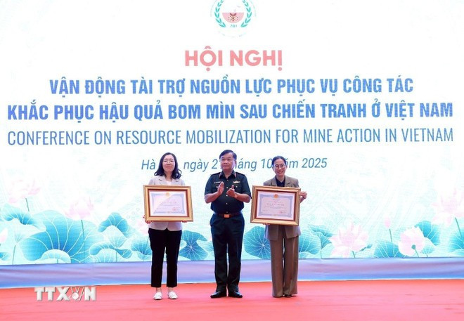 Le vice-ministre de la Défense Hoàng Xuân Chiên, par délégation du président de la République, remet l'Ordre de l'amitié aux organisations internationales. Photo : VNA