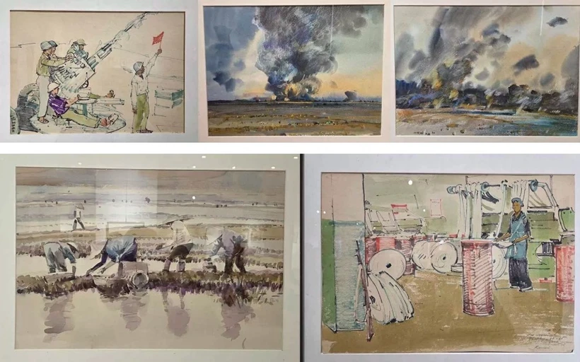 Quelques peintures d'artistes mongols renommés exposées lors de l'événement. Photo : baoquocte.vn