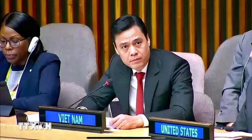 L’ambassadeur Dang Hoang Giang, chef de la Mission permanente du Vietnam auprès des Nations Unies (ONU), prononce un discours lors de la réunion. Photo : VNA