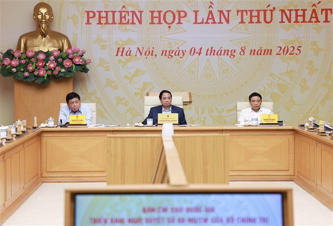Le Premier ministre Pham Minh Chinh (centre) préside la première réunion du Comité national de pilotage pour le développement de l'économie privée, le 4 août. Photo : VNA