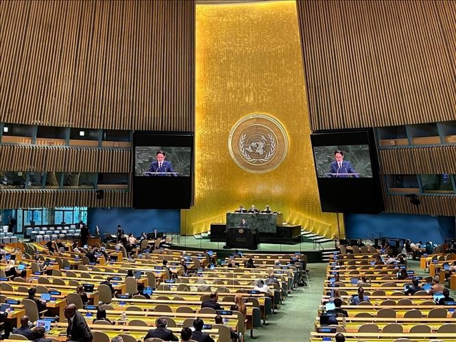 L’ambassadeur Dô Hung Viêt, représentant permanent du Vietnam auprès des Nations Unies, s’exprime lors de la Conférence internationale de haut niveau pour le règlement pacifique de la question de Palestine et la mise en œuvre de la solution à deux États. Photo : VNA