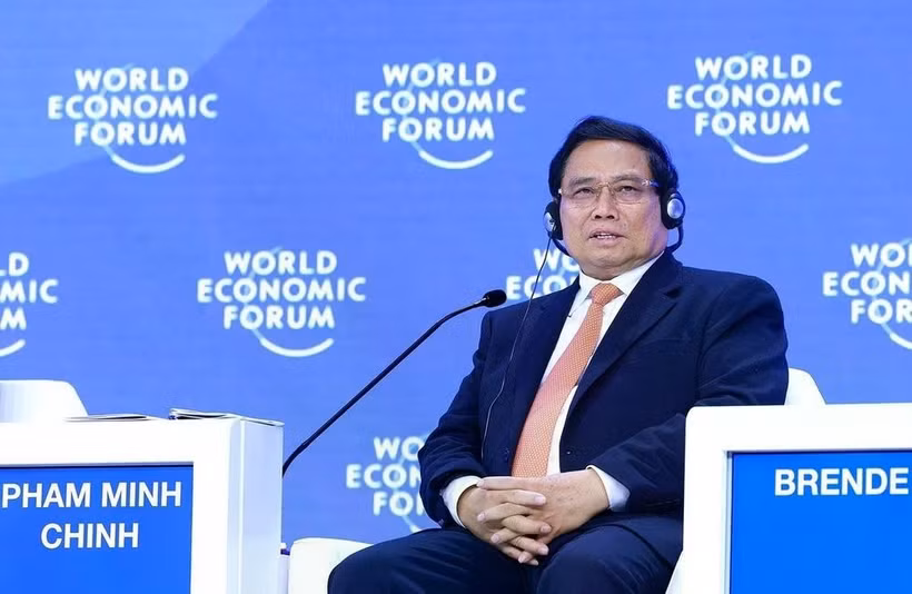 Le Premier ministre vietnamien Pham Minh Chinh lors de la séance de discussion, dans le cadre de la 55e réunion annuelle du WEF à Davos, en Suisse, le 22 janvier. Photo : VNA