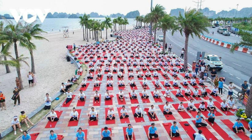 Des clubs de yoga s’unissent pour une performance synchronisée sur les rives de la baie de Ha Long. Photo: VOV