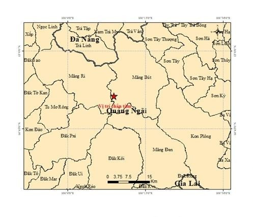 Une carte indique la localisation de l’épicentre (étoile rouge) du séisme de magnitude 4,2 qui a frappé la commune de Mang But. Photo : Institut des sciences de la Terre