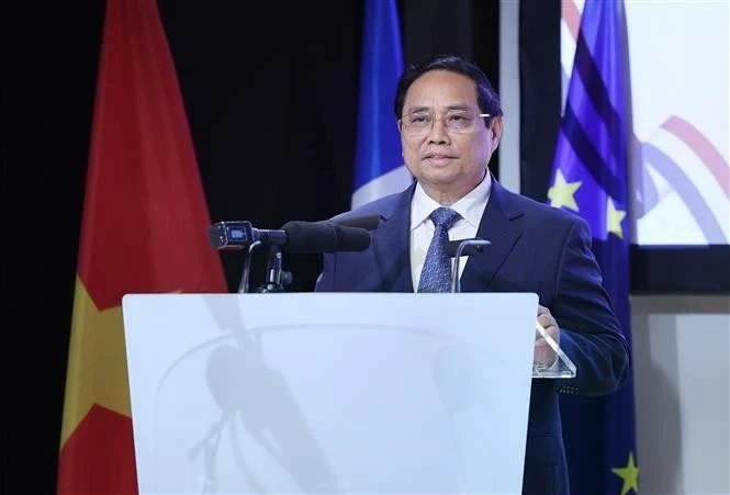 Le Premier ministre Pham Minh Chinh s’exprime lors du Forum des affaires Vietnam-France à Paris, mercredi 11 juin. Photo : VNA