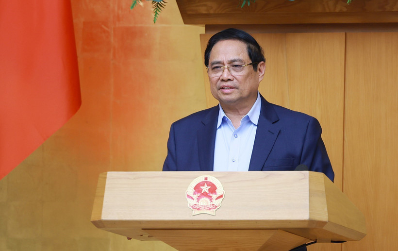 Le Premier ministre Pham Minh Chinh lors de la réunion ordinaire du gouvernement de février. Photo: VNA