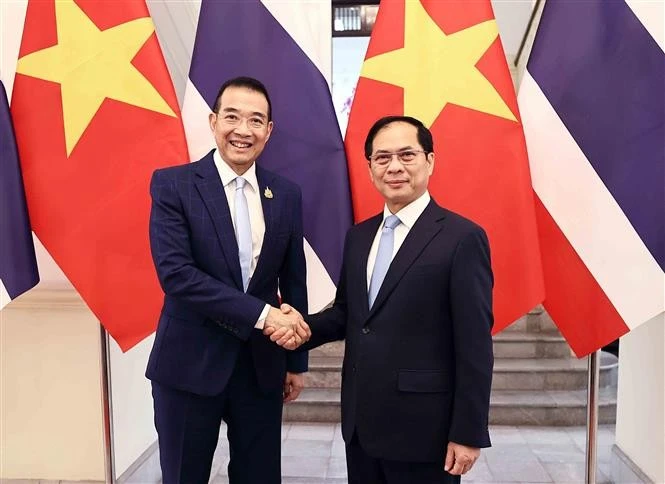 Le vice-Premier ministre et ministre des Affaires étrangères Bui Thanh Son (à droite) et le ministre thaïlandais des Affaires étrangères Maris Sangiampongsa se serrent la main, à Hanoi, le 24 février. Photo: VNA