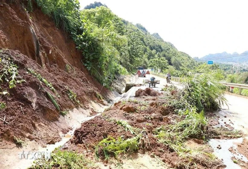 De fortes pluies ont provoqué des glissements de terrain, causant des problèmes de sécurité routière sur la section de la route nationale 4D bordant la ville de Lai Chau et le district de Phong Tho. Photo : VNA