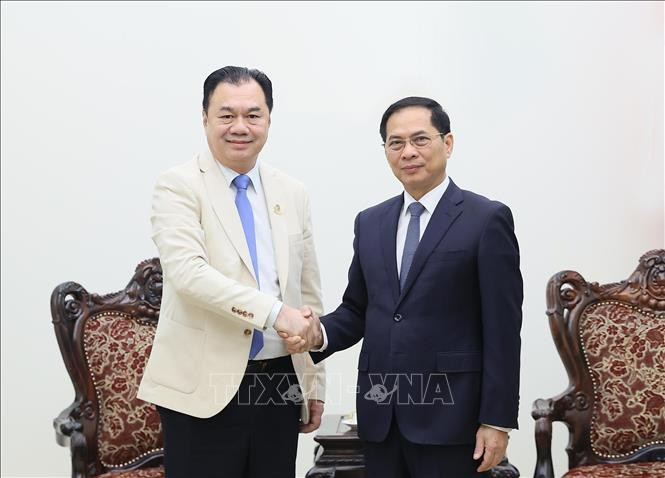 Le vice-Premier ministre Bui Thanh Son (à droite) serre la main de Kounlaphanh Vongnathy, vice-président du groupe Phongsupthavy. Photo : VNA