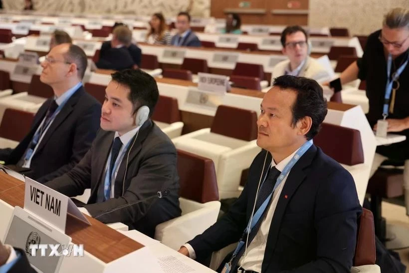 L’ambassadeur Mai Phan Dung, chef de la Mission permanente du Vietnam auprès des Nations Unies (ONU), de l’Organisation mondiale du commerce (OMC) et d’autres organisations internationales à Genève, lors de la réunion. Photo : VNA