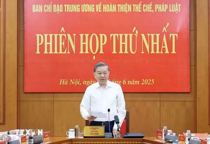 Le secrétaire général du Parti Tô Lâm s’exprime lors de la réunion du comité central de pilotage pour le perfectionnement des institutions et des lois, à Hanoi, le 5 juin. Photo : VNA