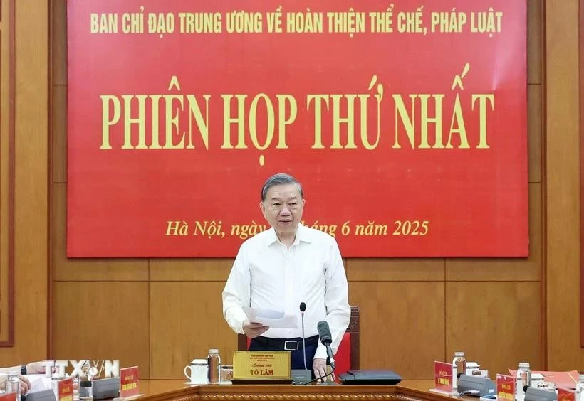 Le secrétaire général du Parti Tô Lâm s’exprime lors de la réunion du comité central de pilotage pour le perfectionnement des institutions et des lois, à Hanoi, le 5 juin. Photo : VNA