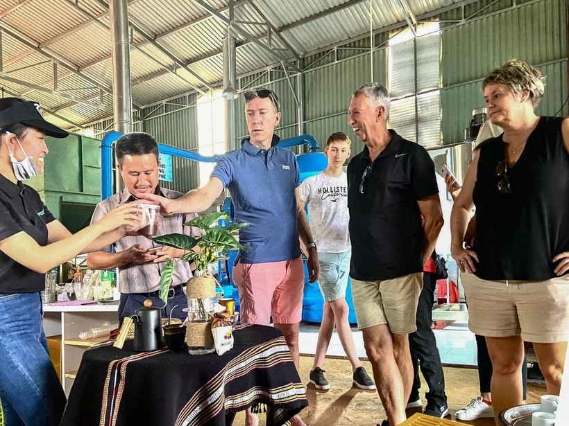 Des touristes européens lors d'un voyage de découverte du café à Dak Lak. Photo: VOV