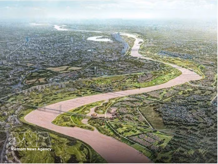 La cérémonie de mise en chantier du projet de construction de l’avenue paysagère du fleuve Rouge, dans le quartier de Phu Thuong, à Hanoi, le 19 décembre 2025. Photo : VNA