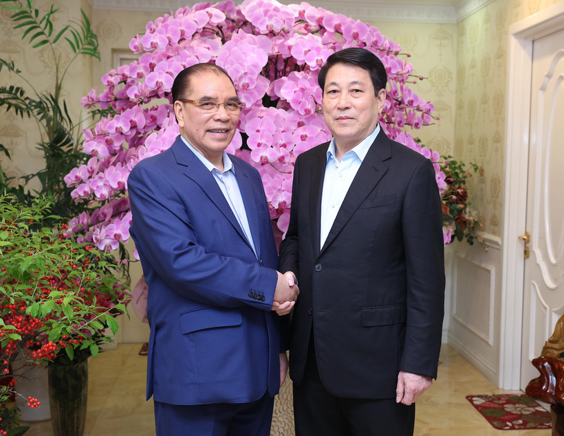 Le président Luong Cuong (à droite) et l’ancien secrétaire général du Parti, Nông Duc Manh, Nông Duc Manh. Photo : VNA